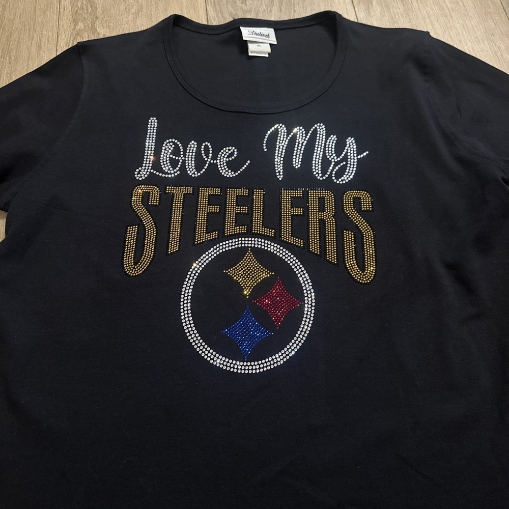 Distinct‎ Women's "Love My Steelers" Bling 3/4 Sleeve Black Top Size XL NWOT